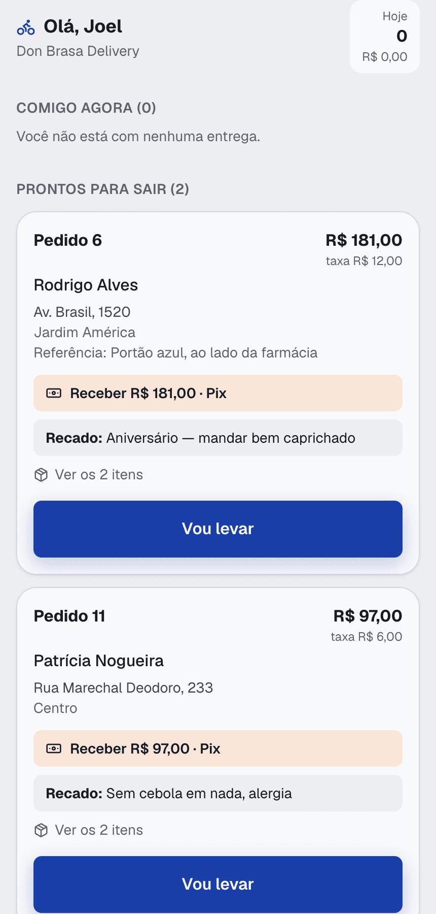 A fila de entregas, na tela do motoboy.